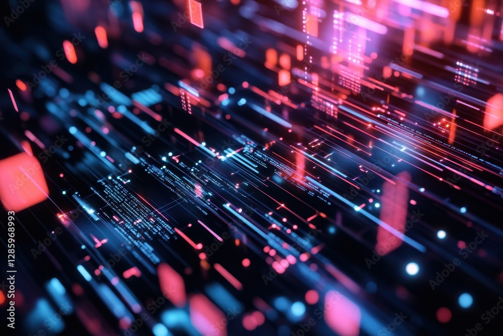 Fototapete colorful abstract data stream flows through a digital landscape at night infused with vibrant hues o