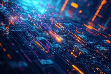 Obraz premium Vibrant digital landscape highlighting intricate circuitry and glowing data streams in a futuristic environment. Generative AI