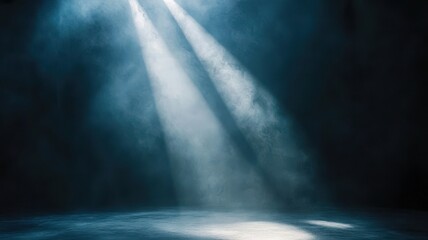 Obraz premium Spotlight beam cutting through fog on a cinematic stage, creating an atmospheric and dramatic scene.