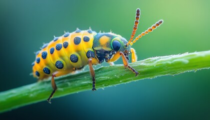 Colorful insect crawling along a vibrant green stem, macro photo capturing the details of a larva moving on a plant stem in a garden with a blurred nature background