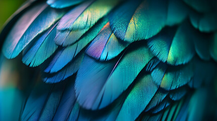 A close-up macro shot of iridescent bird feathers shining with blue and green hues  -  