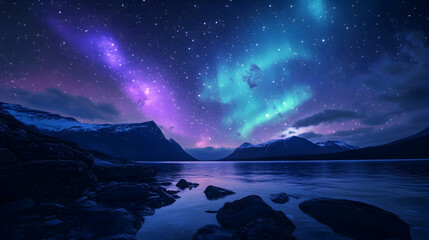 Fototapeta premium A dazzling night sky filled with stars, nebulae, and a soft aurora dancing across the horizon - 