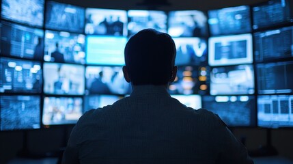A person sits in front of multiple screens displaying various data and images, immersed in a high-tech environment.