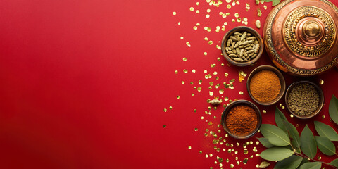 Indian Aromatic Spices in Brass Bowls Against a Deep Red Background