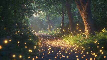 A mesmerizing enchanted path through a magical forest, glowing with an ethereal light  -  