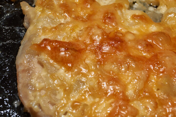 French-style meat baked in the oven. Meat, onion, cheese, mayonnaise, salt, pepper, vegetable oil. Close-up.
