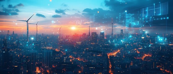 Fototapeta premium Ecofriendly cityscape with digital wind turbines and solar panels