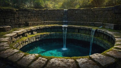 Old well, waterfall in the old forest