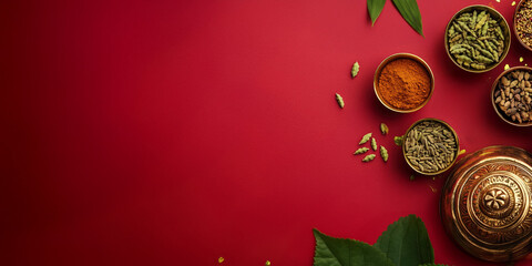 Indian Traditional Colorful Spices and Aromatic Herbs on copper pot with Red Background, gold glitter, Top View