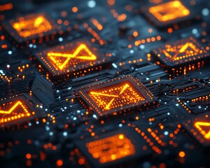 Obraz premium Futuristic digital marketing scene with orange email symbols glowing on a black circuit board, showcasing email network connections and communication flow