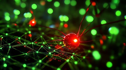 An isolated network breach glowing red agnst a background of secure green nodes.