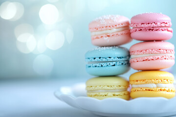 Fototapeta premium Colorful macarons stacked neatly on a plate with pastel colors