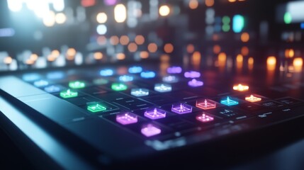 Futuristic audio control panel in vibrant city lights