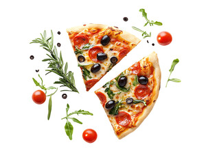 Two Slices of Pepperoni Pizza With Fresh Herbs and Vegetables