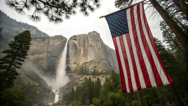 Massive American Flag Beside Yosemite Falls Symbolizing National Pride. Perfect for: Independence Day, National Parks Events, Tourism Promotions