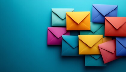 Paper envelopes in a spectrum of vibrant colors on a bold blue background, representing digital mail, online communication, and the dynamic energy of marketing strategies