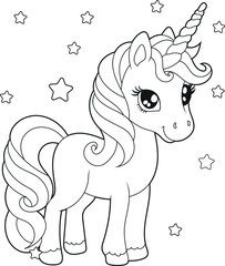 Black and white printable Unicorn coloring pages for kids. Children's coloring books with cute unicorn cartoon characters, fun and educational materials for kindergarten.
