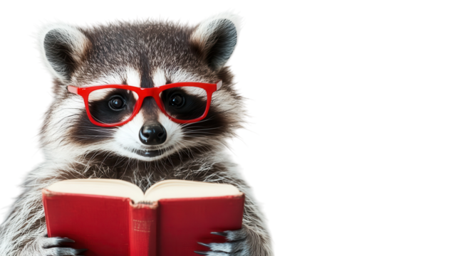 Raccoon wearing glasses reads a book, showcasing a whimsical and playful scene in a bright setting