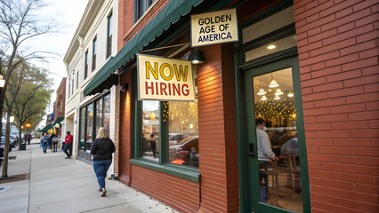 Small American Business with "Now Hiring" Sign Symbolizing Growth. Perfect for: Business Growth Summits, Employment Fairs, Economic Development Conferences