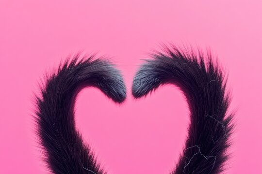 A black cat's tail forms a heart shape on a pink background, perfect for romantic or whimsical designs