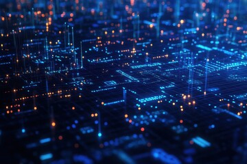 Fototapeta premium Vibrant digital cityscape illuminated by shimmering lights in a high-tech landscape at night. Generative AI