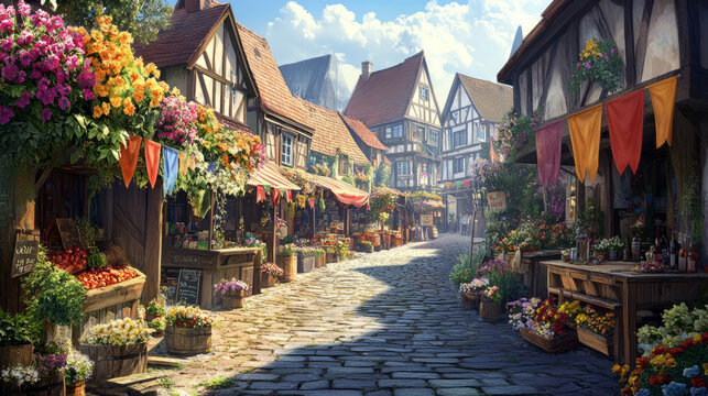 Colorful medieval village market with timber-framed houses, vibrant banners, and cobblestone paths in warm morning light. Cozy fairytale storybook illustration with soft focus and copy space.