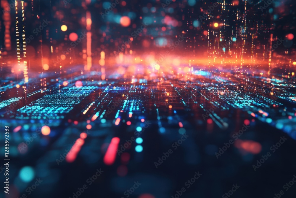 Poster an abstract digital landscape illuminated by vibrant lights and data streams creating a futuristic a