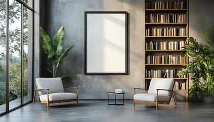 Modern reading room mockup with armchairs, bookshelves, and an empty black frame on the wall, sunlit interior in a minimalist style, perfect for design inspiration and cozy seating
