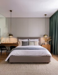 Front view of a king size bed and a study corner in a bedroom