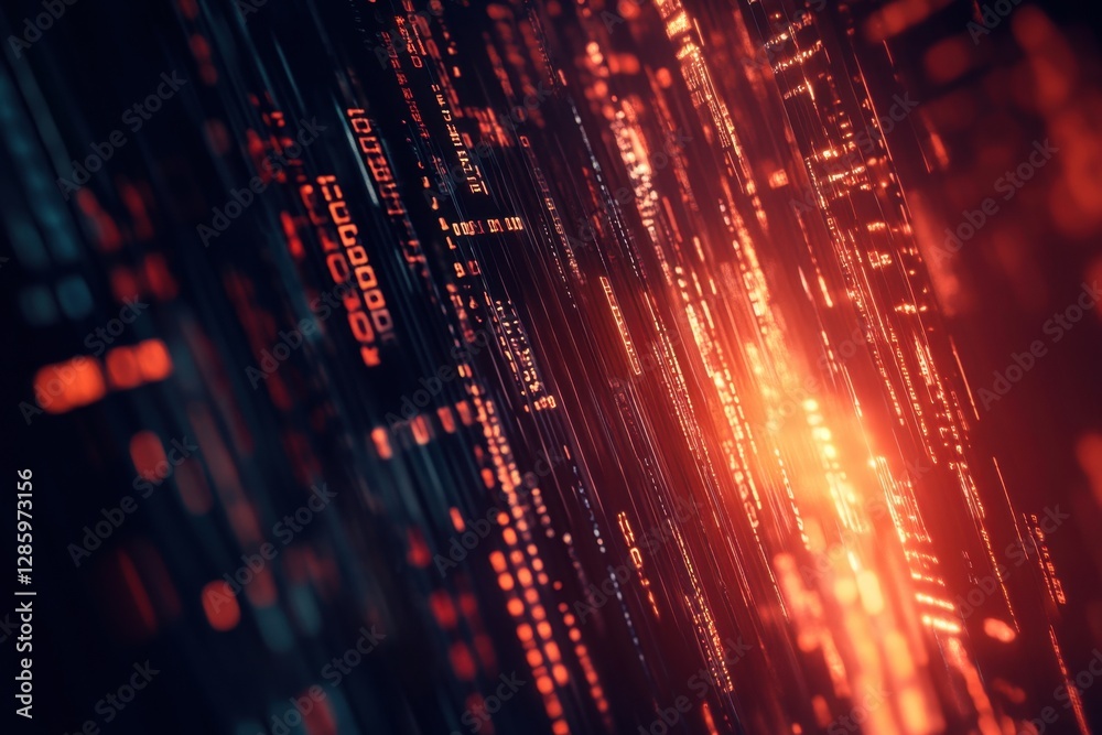 Poster digital streams of vibrant red and orange light flow through virtual space creating a mesmerizing ab