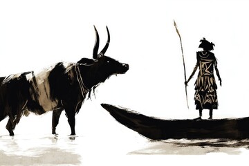 An African person standing in a boat near a large bull