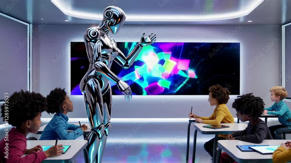 Poster Slow motion sequence showcasing a humanoid robot teaching diverse students in a futuristic classroom, utilizing an interactive digital display