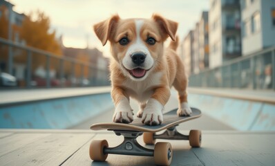 Playful puppy skateboarding happily