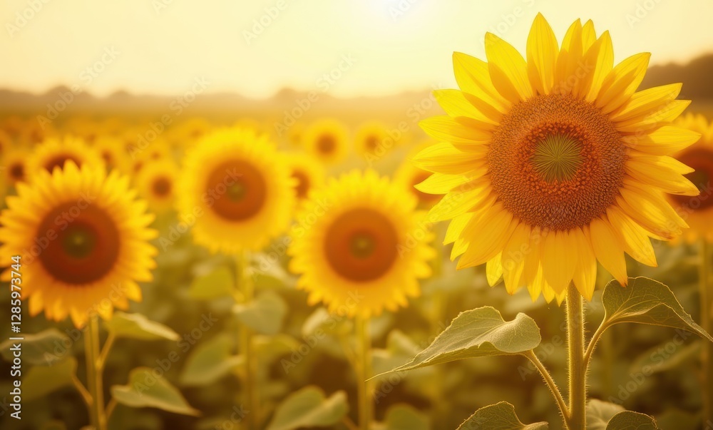 Poster Bright sunflowers in golden sunlight