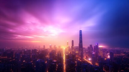 Stunning Cityscape View with a Purple Sunset Over a Skyscraper Skyline. Generative AI