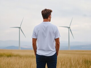 Young man wind farm standing looking turbines renewable energy sustainability future innovation environment modern landscape contemplative scene natural power