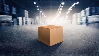 Cardboard box placed in a warehouse with blurred shelves and lighting effects