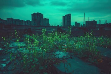 postapocalyptic cityscape at twilight bioluminescent plants reclaiming ruins ethereal green glow amid destruction haunting beauty