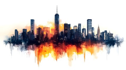 Obraz premium Vibrant Urban Cityscape with Fiery Sunset Skyline and Towering Skyscrapers