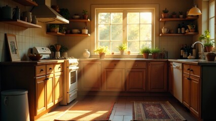 Warm sunlight streams through a kitchen window, illuminating a rustic wooden cabinetry and gleaming appliances, creating a peaceful and inviting atmosphere