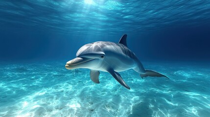 Fototapeta premium Underwater dolphin swimming in clear ocean waters with sunlight