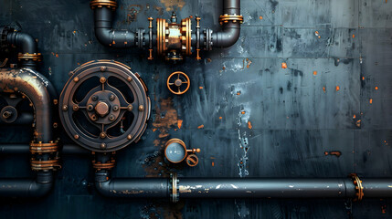 Industrial pipes and machinery against a textured blue metal wall with rust and wear details