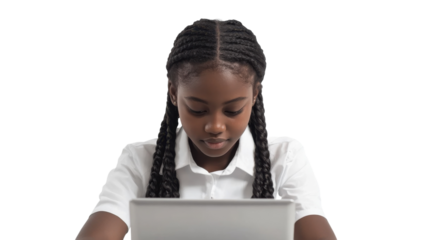 Young girl focuses on digital learning with a laptop in a bright indoor space during daytime
