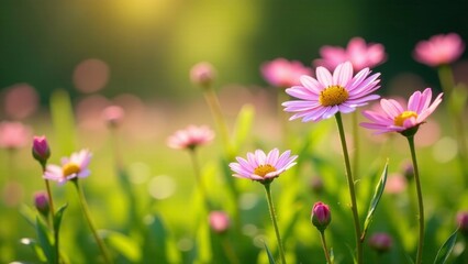 Obraz premium A field of delicate pink wildflowers bathed in the warm glow of the setting sun, creating a serene and picturesque scene of natural beauty