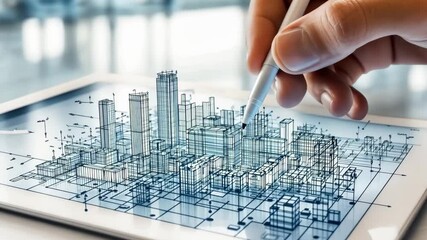 An individual sketches a detailed cityscape on a tablet using a stylus, illustrating modern architectural concepts in a high-tech environment during the day.