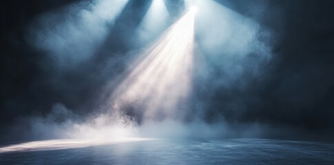 Fototapeta premium Spotlight on stage pierces through rolling fog, creating an enchanting atmosphere for a captivating performance.