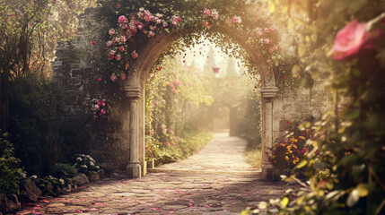 A medieval castle courtyard grand floral archway ivy-covered stone walls dreamy garden, soft pink golden hues, subtle fantasy elements, elegant whimsical, romantic blurred stone path