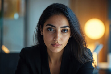 Fototapeta premium Confident woman in black blazer looking serious in office setting