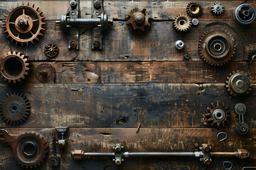 Vintage mechanical gears and tools arranged on a rustic wooden surface, showcasing craftsmanship