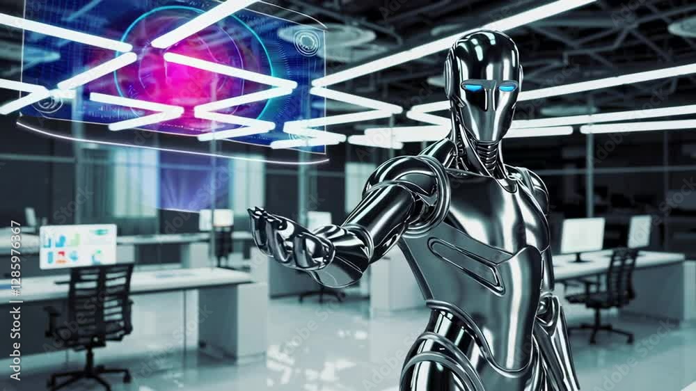 Poster Futuristic robot interacting with holographic interface in office environment, showcasing advanced technology and artificial intelligence in slow motion